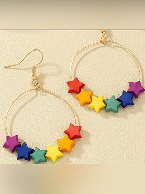 ⭐️Gold Hoop Earrings with Rainbow Star Beads